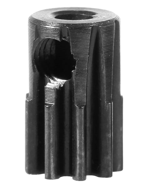 Close-up of a hardened steel pinion gear, part of the Hardened Steel Pinion Gear Set 48DP 9T 10T 14T 2mm Shaft Bore for 1 to 18 Scale RC Cars.