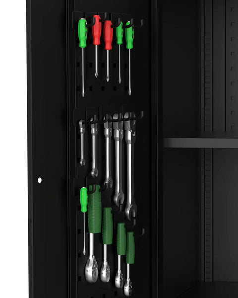 Pegboard inside Heavy Duty 72 Inch Locking Storage Cabinet With Wheels And Pegboard For Garage Workshop And Home Office Four Adjustable Shelves Tough As Nails Steel Construction Black Finish with tools hung neatly.