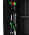 Interior pegboard of Beefy On Wheels Garage Storage Cabinet with tools hanging, black metal, visible shelves, 72 inch high.