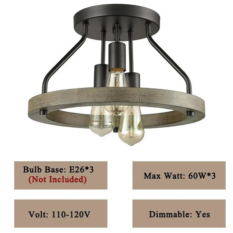 Farmhouse Flush Mount Ceiling Light With Metal And Wood Open Frame, E26 LED Compatible, 3 Light Fixture, 15.7 Inch Diameter, Perfect For Bedroom, Living Room, And Hallway, ETL Listed For Dry Locations