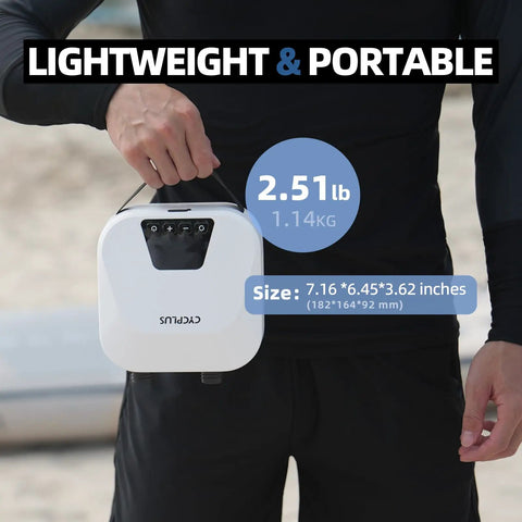 Person holding High Pressure Portable Air Pump For Paddle Boards And More Rechargeable Auto Off Dual Stage Inflation And Deflation Quick Fill