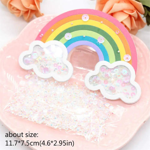 Rainbow Shaker Bag Topper Die Set For DIY Scrapbooking And Photo Albums with colorful rainbow and cloud design on display plate.