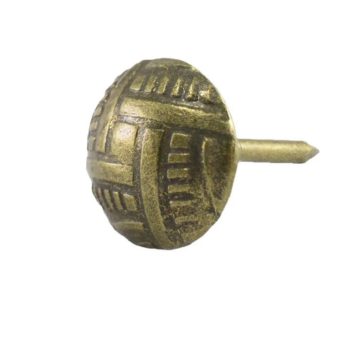 Top Shelf Vintage Upholstery Tacks 100 Pack 7/16 Inch Antique Brass Furniture Studs For Reupholstering And Diy Crafts Built Like A Tank Steel Pins That Grip Sofas And Chairs Flawlessly - Close-up of antique brass tack