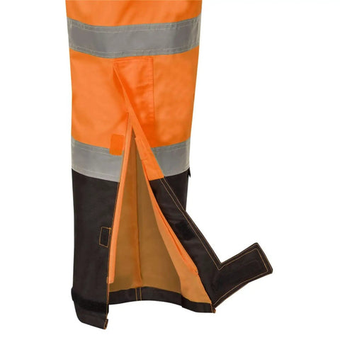 Hi Viz Ripstop Waterproof Bib Pants For Men With Reflective Safety Strips, showing leg and seam details, high visibility orange