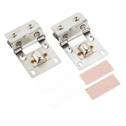 2 Pack Glass Door Hinges Self Closing Frameless Side Mounted Clamps For Wine Cabinet And Display Cabinet Built Tough Stainless Steel Rust Resistant 90 Degree Snap Lock Keeps Door In Place, shown with mounting accessories