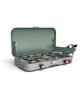 Three In One Outdoor Camp Stove With Removable Cast Iron Grill And Griddle 24,000 BTUs Portable Tailgate Ready Cooker open view