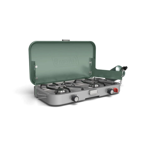 Three In One Outdoor Camp Stove With Removable Cast Iron Grill And Griddle 24,000 BTUs Portable Tailgate Ready Cooker open view