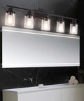 Five Light Black Vanity Fixture With Clear Glass Shades For Farmhouse Bathroom Mirror And Wall Sconce Modern Black Finish