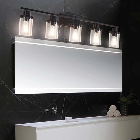 Five Light Black Vanity Fixture With Clear Glass Shades For Farmhouse Bathroom Mirror And Wall Sconce Modern Black Finish