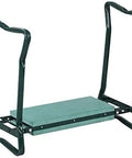 Foldable Garden Kneeler Stool With Thick Foam Pad Portable Work Bench For Gardening And Home Use Dual Function Garden Seat And Kneeler Easy To Store Comfortable Weeding And Planting Helper For Any Yard Or Patio product shown unfolded with green foam pad and metal frame.