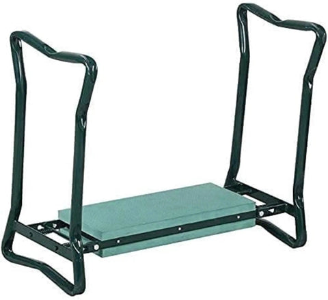 Foldable Garden Kneeler Stool With Thick Foam Pad Portable Work Bench For Gardening And Home Use Dual Function Garden Seat And Kneeler Easy To Store Comfortable Weeding And Planting Helper For Any Yard Or Patio product shown unfolded with green foam pad and metal frame.
