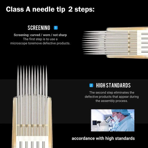 Pro Grade 50Pcs Tattoo Cartridges Needles in screening and quality control process with detailed needle close-up.
