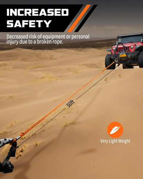 Heavy Duty Winch Rope Extension One Quarter Inch By Fifty Feet For Off Road Recovery 10,000 Lbs Capacity Bright Orange Color For Easy Visibility And Quick Anchor Reach Ideal For Jeep And ATV Recoveries in sand dune recovery, 50ft orange line to Jeep
