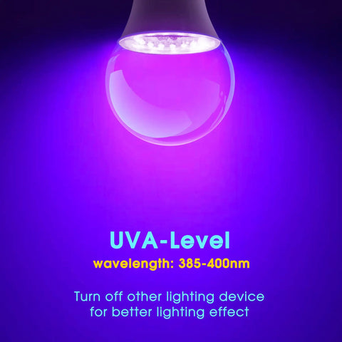 Ultra Bright LED Black Light Bulb 10W UVA 385 400nm A19 Base glowing purple in dark room