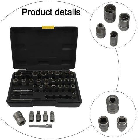 32 Piece Bolt Extractor Socket Set For Removing Damaged Rusted Bolts And Nuts With 1/4 Inch And 3/8 Inch Adapters in open case