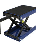 Beefy 1100 Lb Capacity Motorcycle Lift With Wide Deck Center Crank Hoist for Dirt Bikes and ATVs, blue scissor jack side view.