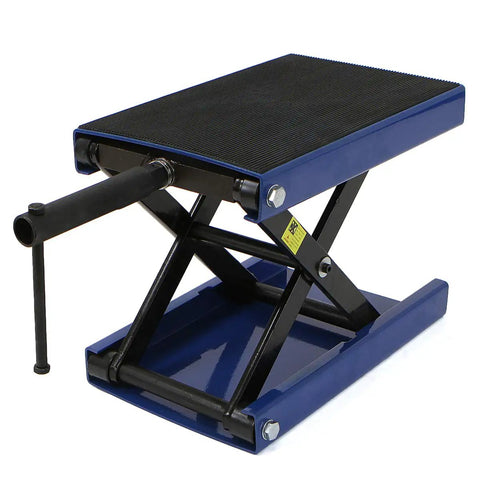 Beefy 1100 Lb Capacity Motorcycle Lift With Wide Deck Center Crank Hoist for Dirt Bikes and ATVs, blue scissor jack side view.
