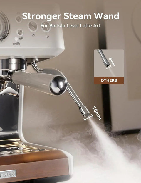 Close-up of All In One Espresso Machine With Grinder 58mm Cafe Style 2026 Upgrade Anti Static Grinder Milk Steam Wand 15 Bar Pressure