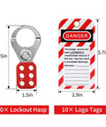 Lockout Tagout Hasp Kit With 10 Hasps And 10 Tags For Electrical Safety, stainless steel hasp, red danger tag visible.