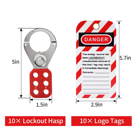 Lockout Tagout Hasp Kit With 10 Hasps And 10 Tags For Electrical Safety, stainless steel hasp, red danger tag visible.