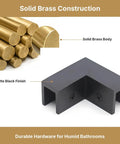 Solid Matte Black 90 Degree Shower Glass Corner Clamp For Frameless Panels Fits 3/8 To 1/2 Thick Glass top view with brass rods.