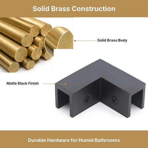 Solid Matte Black 90 Degree Shower Glass Corner Clamp For Frameless Panels Fits 3/8 To 1/2 Thick Glass top view with brass rods.