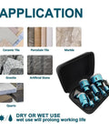 Diamond Core Drill Bits Set 10-Piece Tile Hole Saw Kit with drilling applications for ceramic, porcelain, marble, granite shown