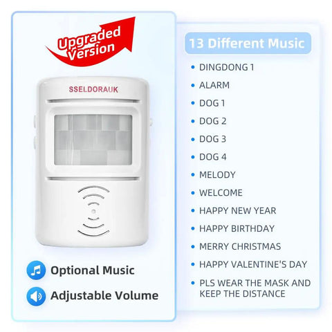 PIR Motion Sensor Door Bell With 90 Db Alert And Flashing Red Light, 2 To 6 Meter Detection Range, white plastic unit with 13 music options