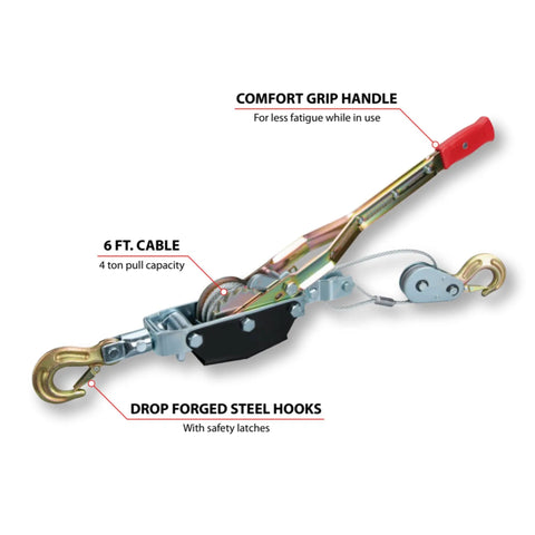 Power Puller 4 Ton Capacity Heavy Duty Beast Cable Winch with 6 ft cable and drop-forged steel hooks for vehicle recovery.