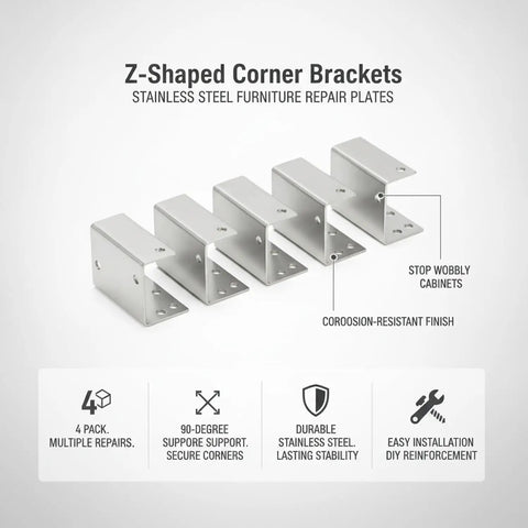 4-pack Z-Shaped Corner Brackets For Furniture And Cabinet Repairs, Heavy-Duty Stainless Steel And Galvanized Iron Reinforcement Plates