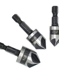 Three Piece Countersink Drill Bit Set With 82 Degree Angle, 3 Flutes, Pro Grade Quick Change Hex Shank, 1/2 Inch, 5/8 Inch And 3/4 Inch Bits