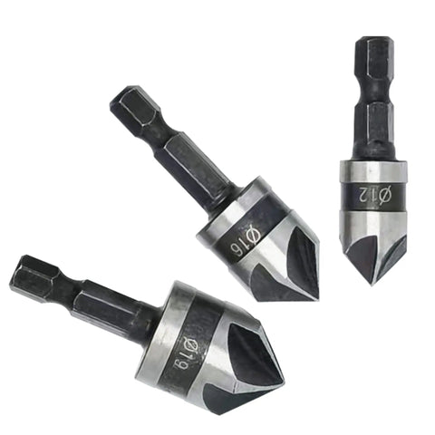 Three Piece Countersink Drill Bit Set With 82 Degree Angle, 3 Flutes, Pro Grade Quick Change Hex Shank, 1/2 Inch, 5/8 Inch And 3/4 Inch Bits