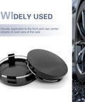 Easy Snap On Wheel Center Caps 4 Pack ABS Hub Covers OD 56 MM ID 60 MM Universal black rim protectors with collar detail.