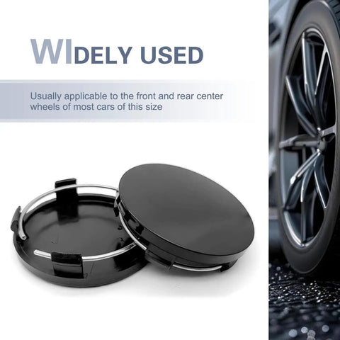Easy Snap On Wheel Center Caps 4 Pack ABS Hub Covers OD 56 MM ID 60 MM Universal black rim protectors with collar detail.