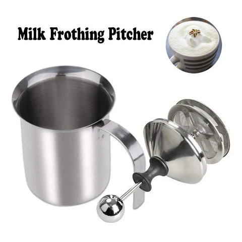 Stainless Steel Manual Milk Frother Handheld Foam Maker For Coffee Cappuccino Latte Hot Chocolate 14 Ounce 400ml No Battery Needed Quick Frothing In Seconds Ideal Tool For Home Barista Boss Breakfast Coffee