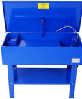 Heavy Duty 40 Gallon Parts Washer With Removable Shelf Packs A 24 Gallon Solvent Tank, blue steel design, open lid, compact size.