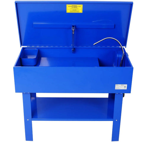 No-Nonsense Heavy-Duty 40-Gallon Parts Washer With 24 Gallon Solvent Capacity And 5 Gallons Per Minute Pump, blue steel body with open lid.