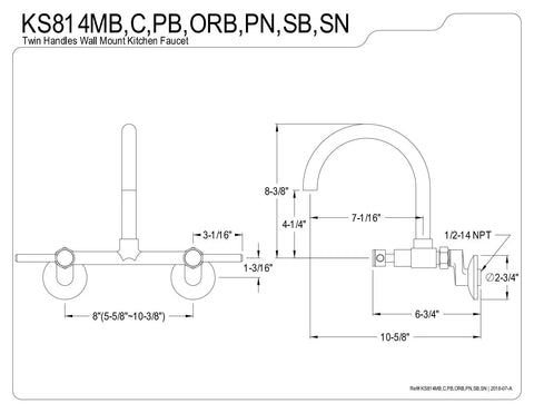 Technical diagram of 8 Inch Adjustable Center Wall Mount Kitchen Faucet With Solid Brass Construction Drip Free Ceramic Disc Cartridge Brushed Nickel Finish For A Boss Look Easy Install Smooth Flow At 60 Psi, showing dimensions and specifications.