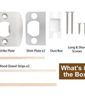 Door Latch Restorer Kit With Standard Strike Plate And Spacer Shim, Universal Security Striker components shown in box