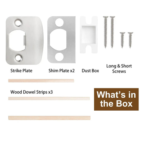 Door Latch Restorer Kit With Standard Strike Plate And Spacer Shim, Universal Security Striker components shown in box