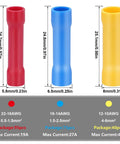 210 Piece Butt Splice Connectors Kit For 22 10 AWG Wiring, red blue yellow crimp connectors with sizes and specifications