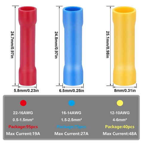 210 Piece Butt Splice Connectors Kit For 22 10 AWG Wiring, red blue yellow crimp connectors with sizes and specifications