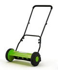 14 Inch Push Reel Lawn Mower With 5 Blade Reel For A Clean Scissor Like Cut Adjustable Cutting Height And Compact Walk Behind Mower Perfect For Small Yards And Easy Quiet Yard Work Great For Small Yards Easy To Push With No Gas And Quiet Operation. green 14-inch push reel mower with black handle and wheels
