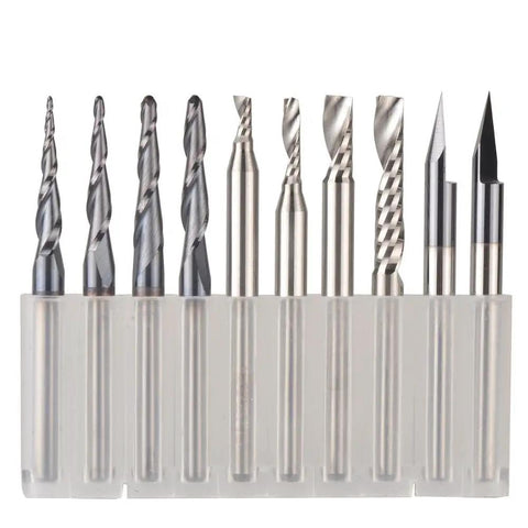 Killer Solid Carbide Router Bits Set For Woodworking Engraving And Milling With 6.35Mm Shank in clear holder.