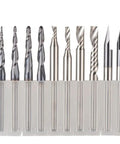 Eight piece set of Badass Solid Carbide CNC Router Bits And Milling Cutters in clear holder, precise for woodworking.