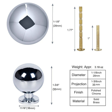 Heavy Duty Solid Brass Cabinet Knobs Polished Finish Premium Drawer Pulls For Kitchen Cabinets Bathroom Vanity Dresser Top Shelf Hardware Five Pack showing sizes and details.