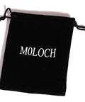Black velvet pouch with white 'MOLOCH' text for Long Layered Necklace Set For Women With Oval Disk Pendant And Tassel Fringe Y Shape Necklace In Rose Gold.