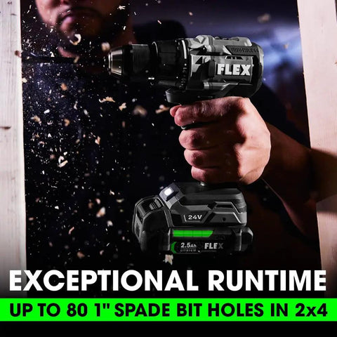 Beast Mode 24V Brushless Cordless Drill Driver Kit With One Half Inch Chuck 750 Inch Pounds Torque Two Speed Two Point Five Amp Hours Batteries And A 160W Fast Charger used for drilling a wooden plank