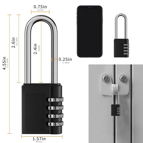 4 Digit Outdoor Waterproof Long Shackle Padlock Set No Key Needed 2 Pack Weatherproof Black Padlocks dimensions illustration