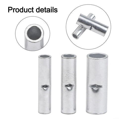 Bulk Pack Of 200 Premium Bare Copper Butt Connectors Non Insulated Crimp Terminals For 22 To 10 Awg Wire Splice Ferrules With Tin Plating For Max Conductivity And Durability Perfect For Car Mods And Pro Auto Repairs, close-up and side view